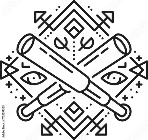 Pirate crossed spyglasses esoteric line symbol. Filibuster sailing magic outline vector tattoo, corsair pirate marine sacred lineart symbol. Buccaneer esoteric sign with medieval telescope or spyglass