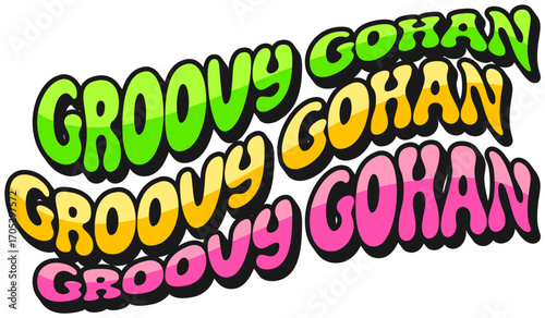 Japan restaurant groovy gohan retro Y2K sticker or patch. Japanese cuisine dish retro label, sushi menu delicacy Y2K 70s vector patch. Seafood gourmet tag or sticker with funky colorful typography