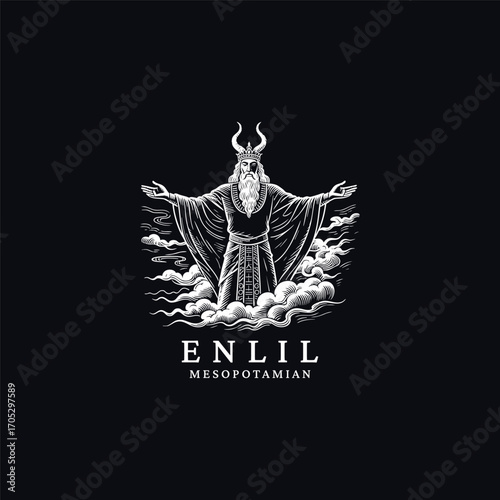 A powerful and majestic white engraving of Enlil, the Mesopotamian god of wind, air, earth, and storms. Vector template illustration