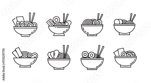Collection of eight stylized ramen bowls with chopsticks silhouette