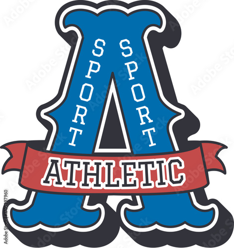 Varsity sport letter A, college club patch label. Campus champion vintage emblem vector sticker, varsity sport league typography patch. University athletic club print with red ribbon and typography