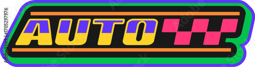 Car track race motorsport Y2K retro sticker or tag. Car speed racing grand prix Y2K vector tag, formula 1 motorsport funky patch. Rally championship label with checkered pattern and typography