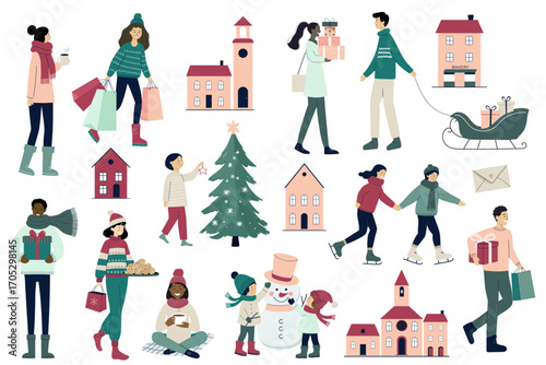 Christmas people in winter clothes with gifts, cozy houses. Holiday season flat illustration. Shopping. Minimal style.