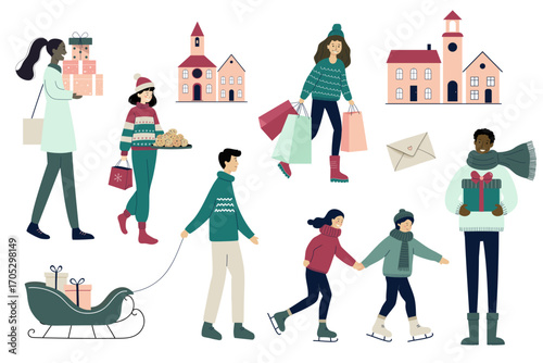 People in winter clothes with gifts, packages, cozy houses. Shopping. Holiday season flat illustration. Minimal style.