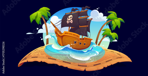 Pirate ship on treasure map and sea waves vector game background. Cartoon corsair old ship, sail boat or galleon with crossbones skull, black flags and tropical island palms, pirate adventure game