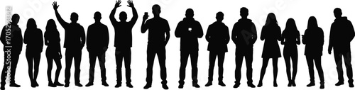 Silhouette group of diverse young people standing together, casual crowd of men and women posing in various natural body gestures