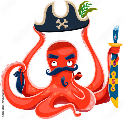 Cartoon octopus pirate and corsair character. Isolated vector funny captain and sailor kraken rover holding cocked hat, bandana and sword in its tentacles, ready for nautical swashbuckling adventure