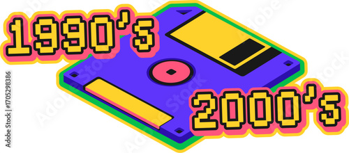 Personal computer floppy disk Y2K groovy sticker or hippie label. Vintage computer technology funky vector label, 1990s gadget tag. Digital device patch with diskette storage and pixelated typography