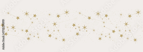 Seamless pattern border with constellations for astrology, tarot, fortune telling, mystical golden ornament of stars on beige background. Vector illustration.
