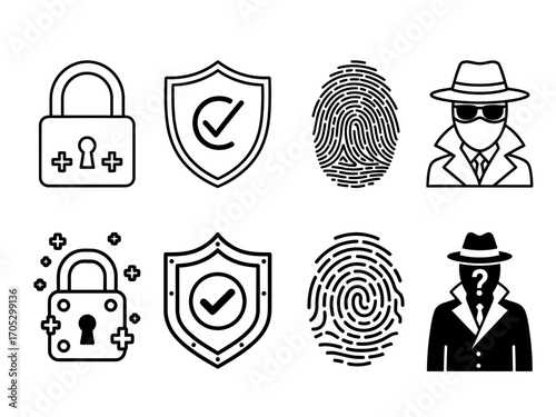 Security Icons Padlocks Shields Fingerprints and Mysterious Figures
