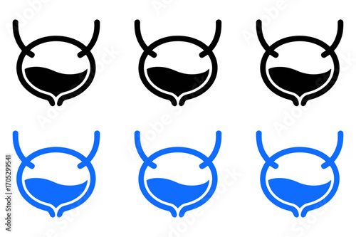 Illustration showing six bladder icons with varying fill levels in black and blue colors