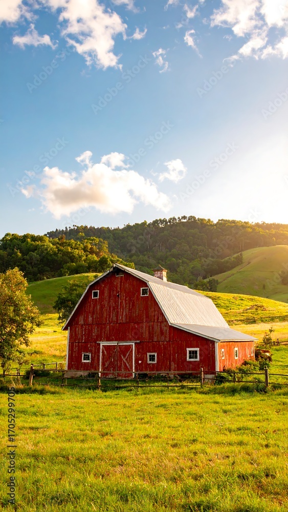 Fototapeta premium Red barn on a grassy hill at sunset