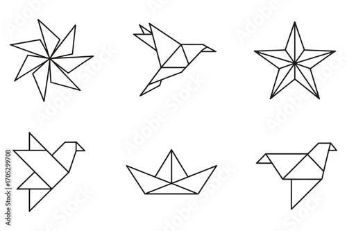 Illustration of six origami figures including birds, a star, a flower and a boat shape art