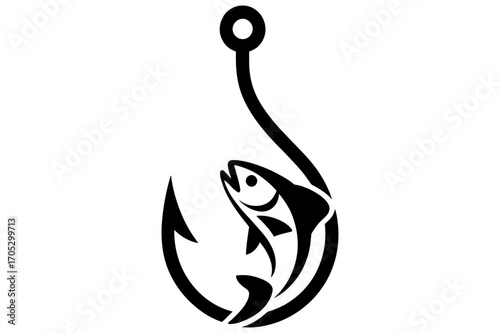 Illustration of a black and white fish caught on a fishing hook with a simple design style