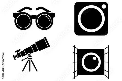 Illustration of sunglasses, camera, telescope, and softbox in black and white vector art