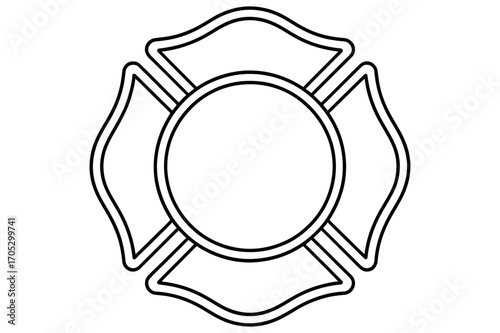 A maltese cross emblem with an oval center and double lined border in black and white outline