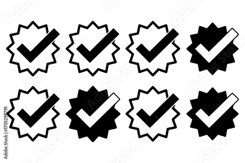 A collection of eight verification badges with alternating black and white fills shown here