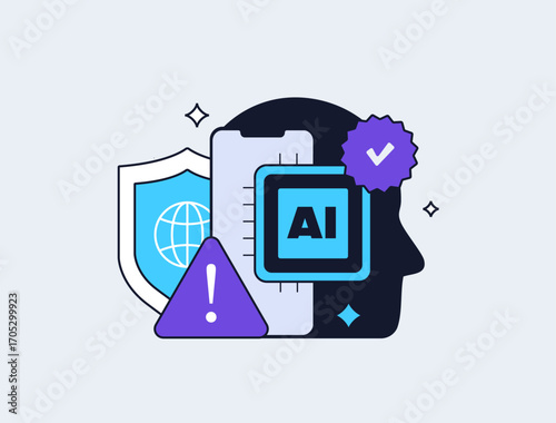 Copyright protection AI training grows in importance as data privacy for artificial intelligence models. Ethical ai content usage become critical issues worldwide, vector illustration