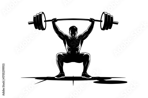 A strong man in silhouette is lifting a heavy barbell in a squat position during workout session