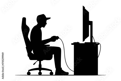 Silhouette of a gamer sitting in a gaming chair playing video games on a large monitor screen