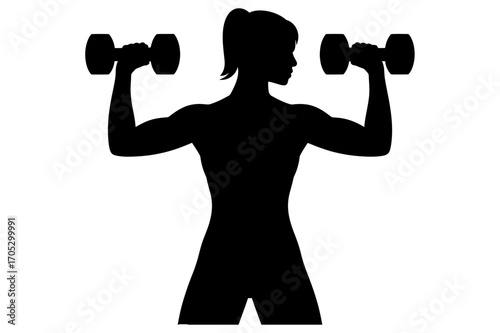 Silhouette of a woman lifting dumbbells with both arms in a fitness workout routine pose design