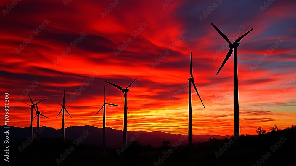 Obraz premium Silhouette wind turbines against fiery sunset (1)