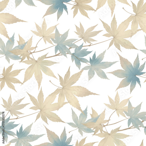 Seamless Watercolor Pattern with Blue and Beige Japanese Maple Leaves.  The texture and two-tone coloration create a calming, elegant, and slightly artistic visual