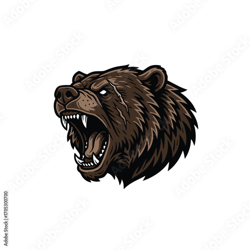Detailed vector art of a powerful roaring grizzly bear head, showcasing its formidable fangs and an intense expression of strength, ideal for logos and bold graphics
