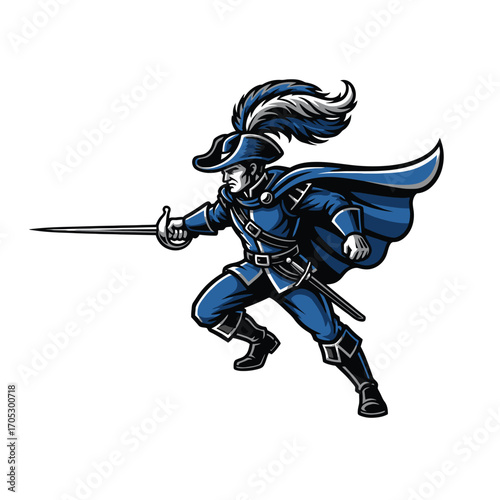 Vibrant graphic depicting a courageous swashbuckler, ready for action with his sword, evoking a spirit of historical adventure and heroism, ideal for designs