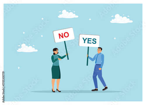 Employees protest with yes and no signs.
