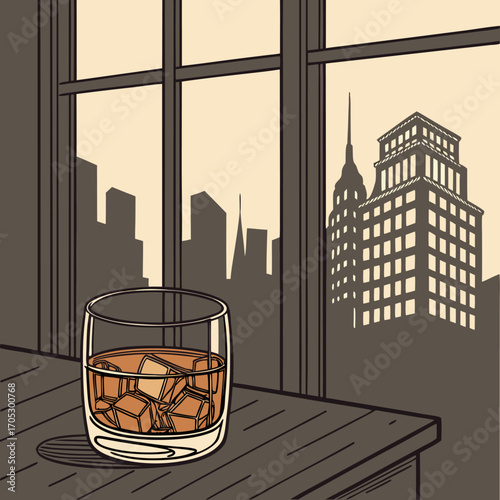 Vector illustration of a whiskey glass with ice cubes placed on a wooden table near a window, overlooking a city skyline. Perfect for bar, nightlife, luxury lifestyle, alcohol, and urban concept theme