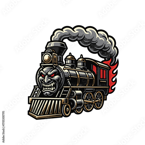 Illustration of a spooky, black steam engine train with fiery accents and smoke billowing from its smokestack, conveying a sense of power and mystery