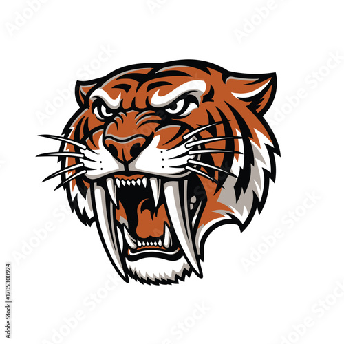 Fierce Tiger Head Illustration with Sharp Fangs and Intense Gaze