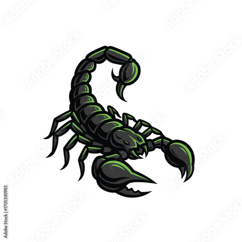 Stylized black and green scorpion emblem representing a venomous concept of predatory power and strength, isolated vector mascot design