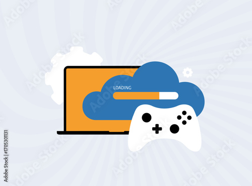 Cloud gaming platform delivering high quality video games through internet streaming. Cloud gaming with immersive gameplay, low latency performance and cross device access. Flat vector illustration
