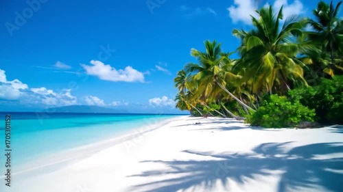 Tropical paradise with white sand, turquoise sea, and palm trees under a blue sky with fluffy clouds