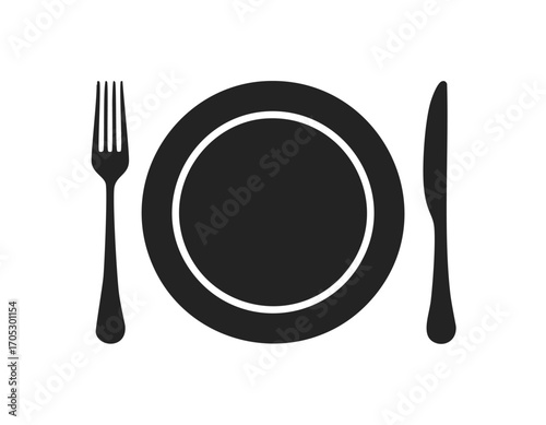 Black silhouette of a plate with fork and knife cutlery