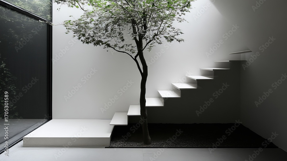 Obraz premium Interior scene with tree growing through stairs, minimalist design, natural light, shadows