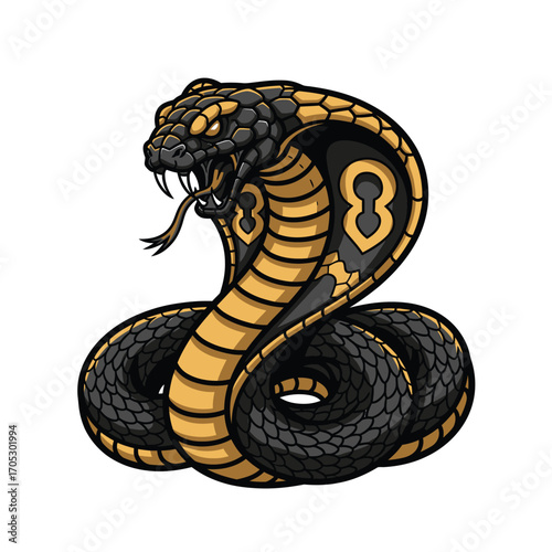 Aggressive Cobra Illustration with Hood Expanded and Fangs Exposed