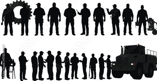 Silhouette Set of Industrial Workers, Engineers, and Technicians with Tools, Gear, Machinery, and Trucks for Construction and Maintenance ProjectsSilhouette 
