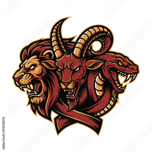 Mythical Chimera Creature with Three Heads Lion, Goat, and Serpent Emblematic Design