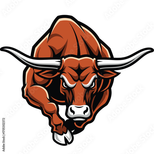 Dynamic illustration of a powerful, charging bull with sharp horns, embodying strength and determination as it moves forward with fierce energy