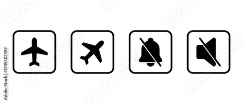 Flight mode, silent bell and mute speaker icon in square line