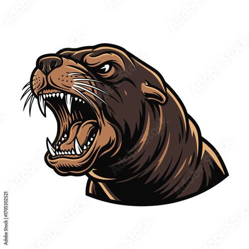 A powerful and angry sea lion head mascot emblem, roaring with sharp fangs, designed as a dynamic logo illustration