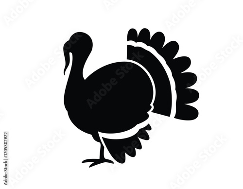 Black Silhouette Of A Turkey With Fan Tail On White Background Keywords: turkey, bird