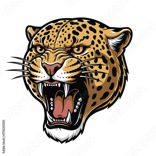 Roaring leopard head illustration showing aggressive fangs and a powerful expression. A fierce wildcat mascot design isolated on a white background