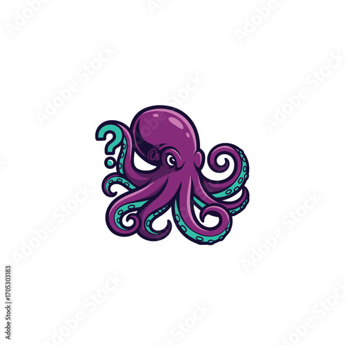 Curious Purple Octopus Cartoon Character with Question Mark
