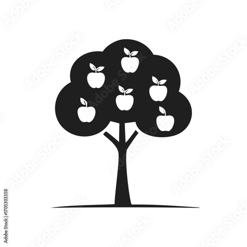 Black silhouette of an apple tree with few apples Keywords: apple tree, fruit tree, apples