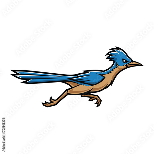 Illustration of a fast running roadrunner bird in motion with its body stretched out and wings tucked in