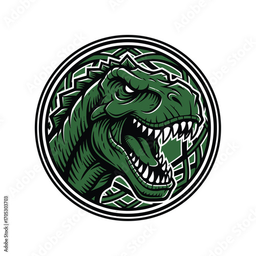 A fierce green Tyrannosaurus Rex head in a circular Celtic knot design, an illustration of a prehistoric predator